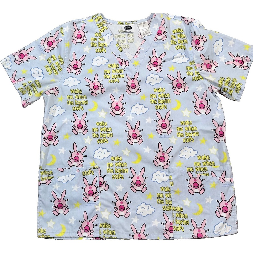 Vtg Its Happy Bunny Scrub Top Large Jim Benton Wake Me When Boring Stops Blue L